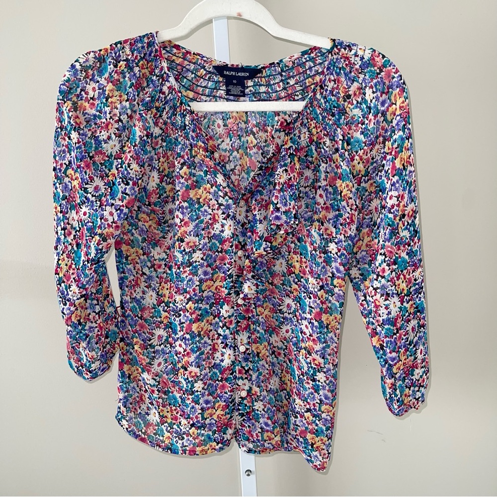 Ralph Lauren Women’s Floral Print Blouse Size 10 Sheer Button Front 3/4 Sleeve